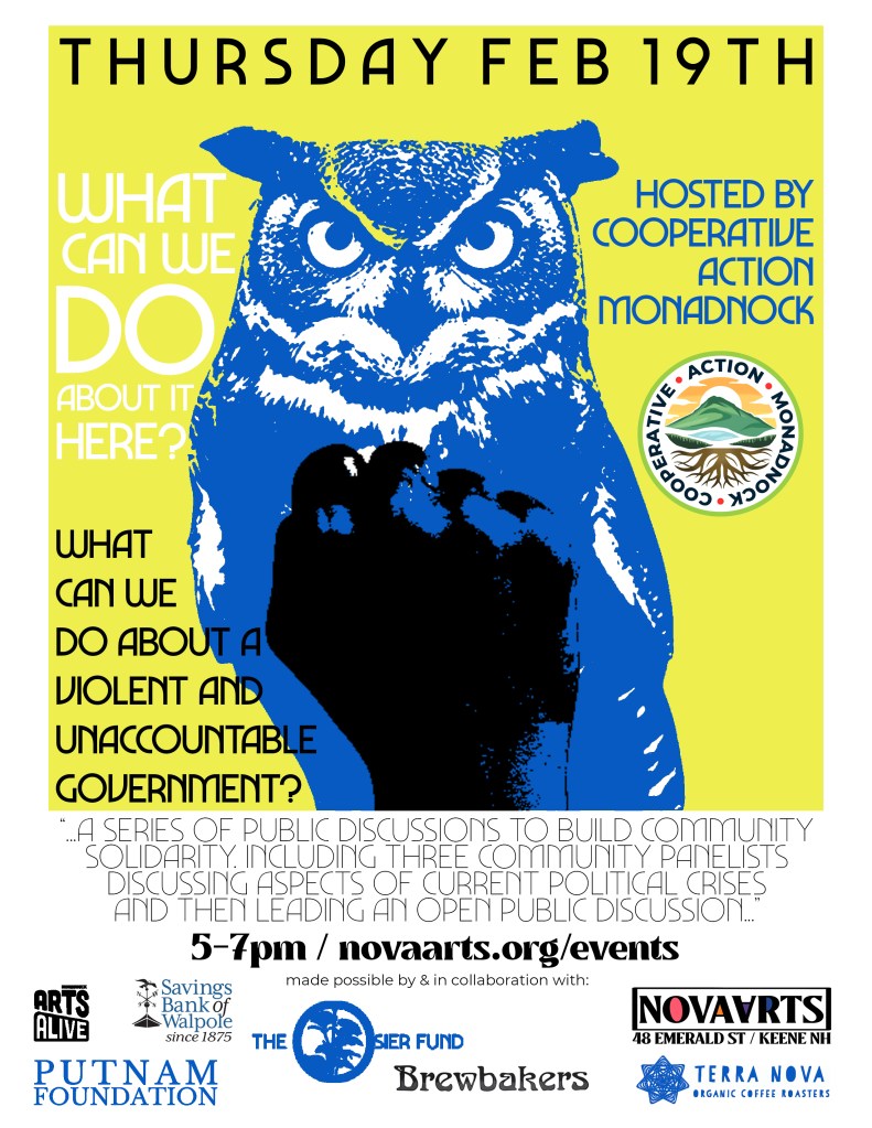 Event Poster including information also listed in text on this page, with a bright yellow background, a blue owl image, and a black print of a fist over the owl.