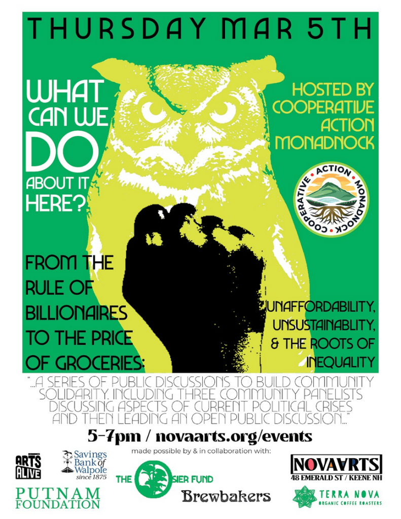 Event Poster including information also listed in text on this page, with a bright green background, a yellow-green owl image, and a black print of a fist over the owl.