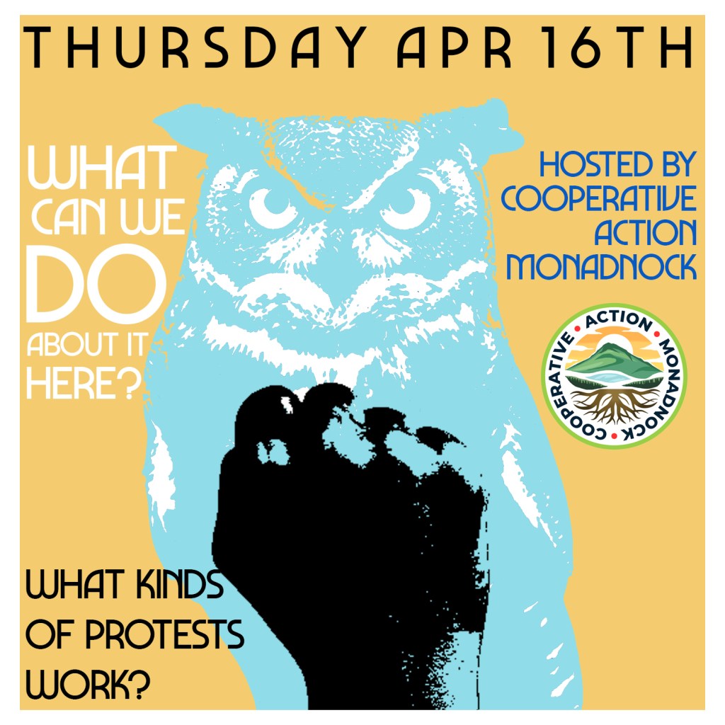 Yellow background with light blue owl and black print of a fist over top. Thursday April 16th. What can we do about it here? Hosted by Cooperative Action Monadnock. What kinds of protests work?